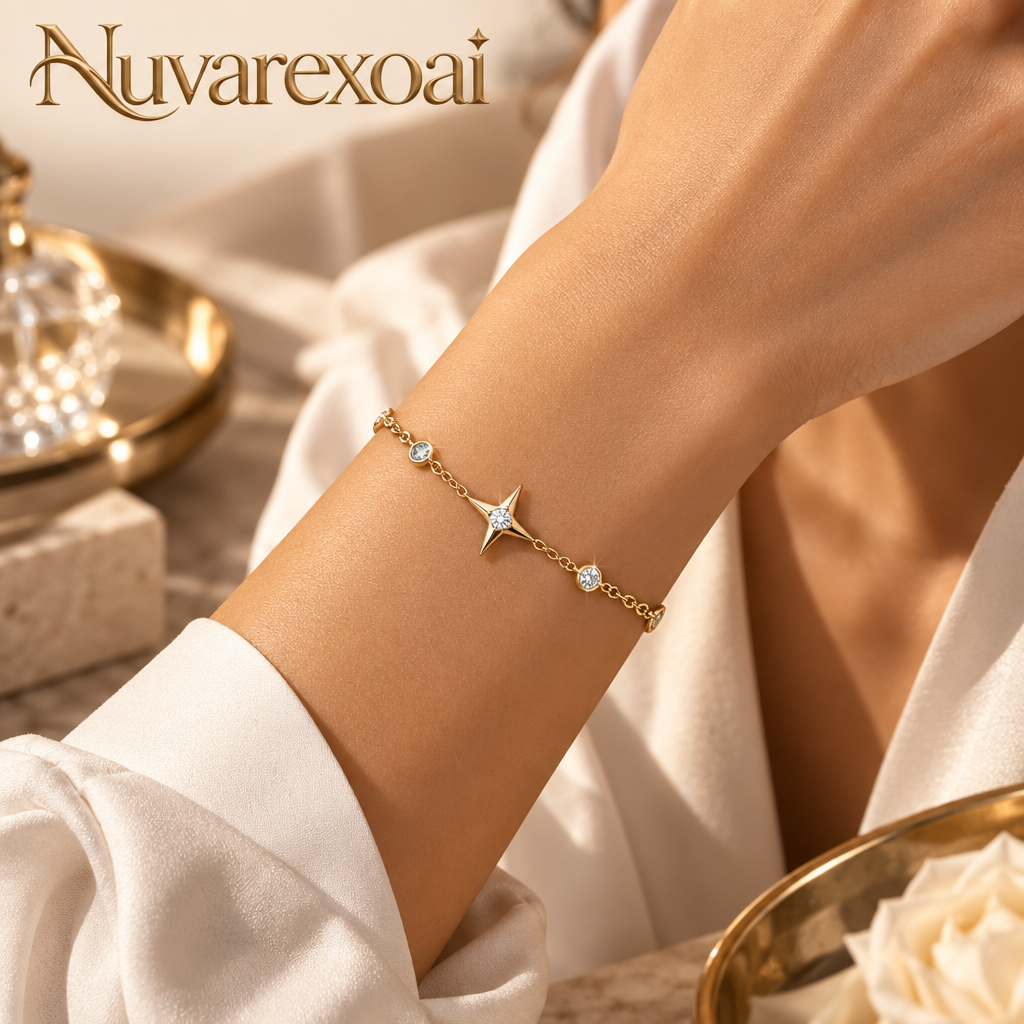 Nuvarexoai 14K Gold Plated North Star Dainty Bracelet | Sparkling Bezel-Set Crystal Celestial Chain — Main view