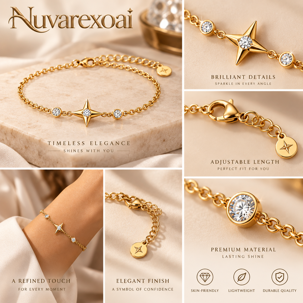 Nuvarexoai 14K Gold Plated North Star Dainty Bracelet | Sparkling Bezel-Set Crystal Celestial Chain — Detail view