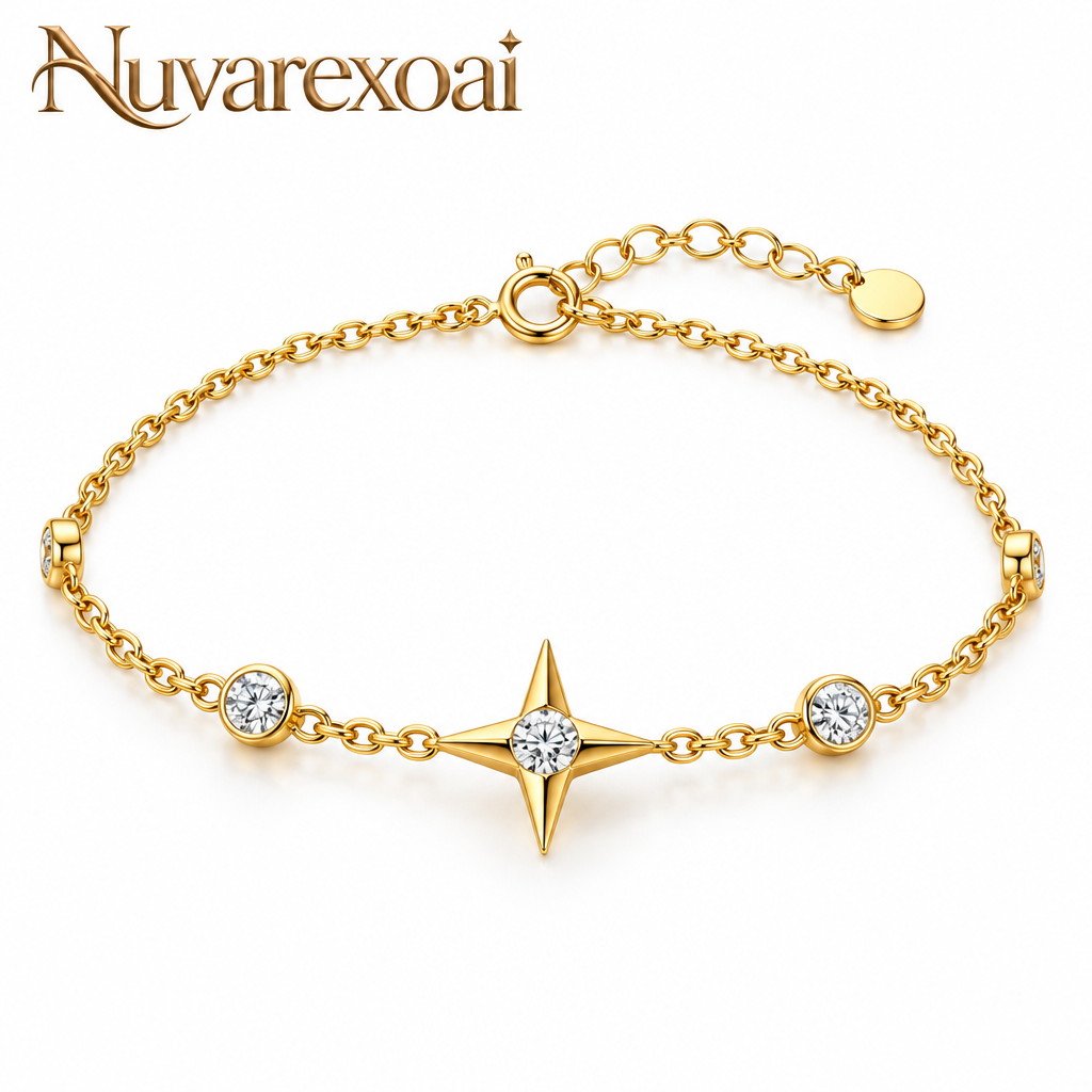 Nuvarexoai 14K Gold Plated North Star Dainty Bracelet | Sparkling Bezel-Set Crystal Celestial Chain — White background view